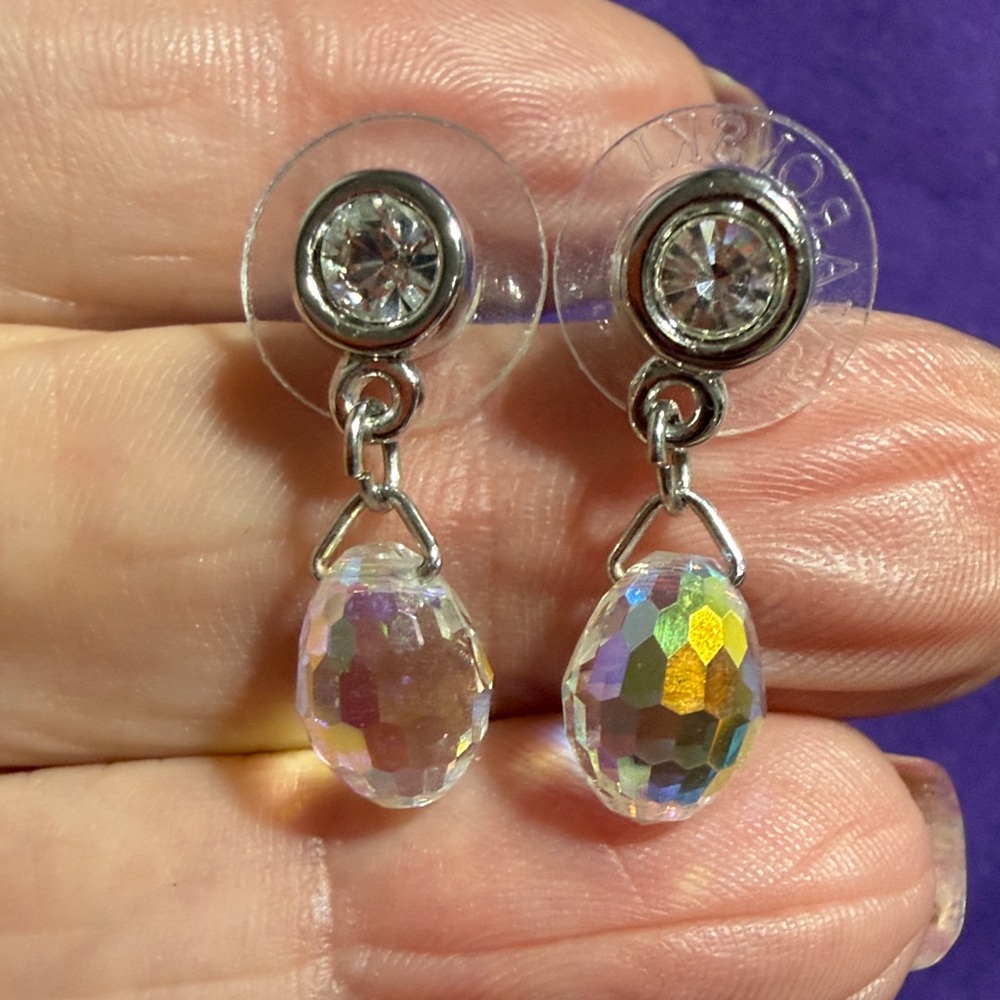 Swarovski Silvertone Crystal Drop Dangle Earrings - Clear Aurora Borealis (1)